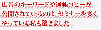 広告のキーワードや通帳コピーが公開されているのは、セミナーを多くやっている私も驚きました。